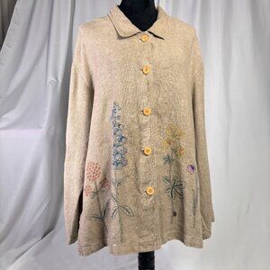 Jessica Howard Beige Button-Up Embroidered Floral Linen Blend Jacket Womens 16